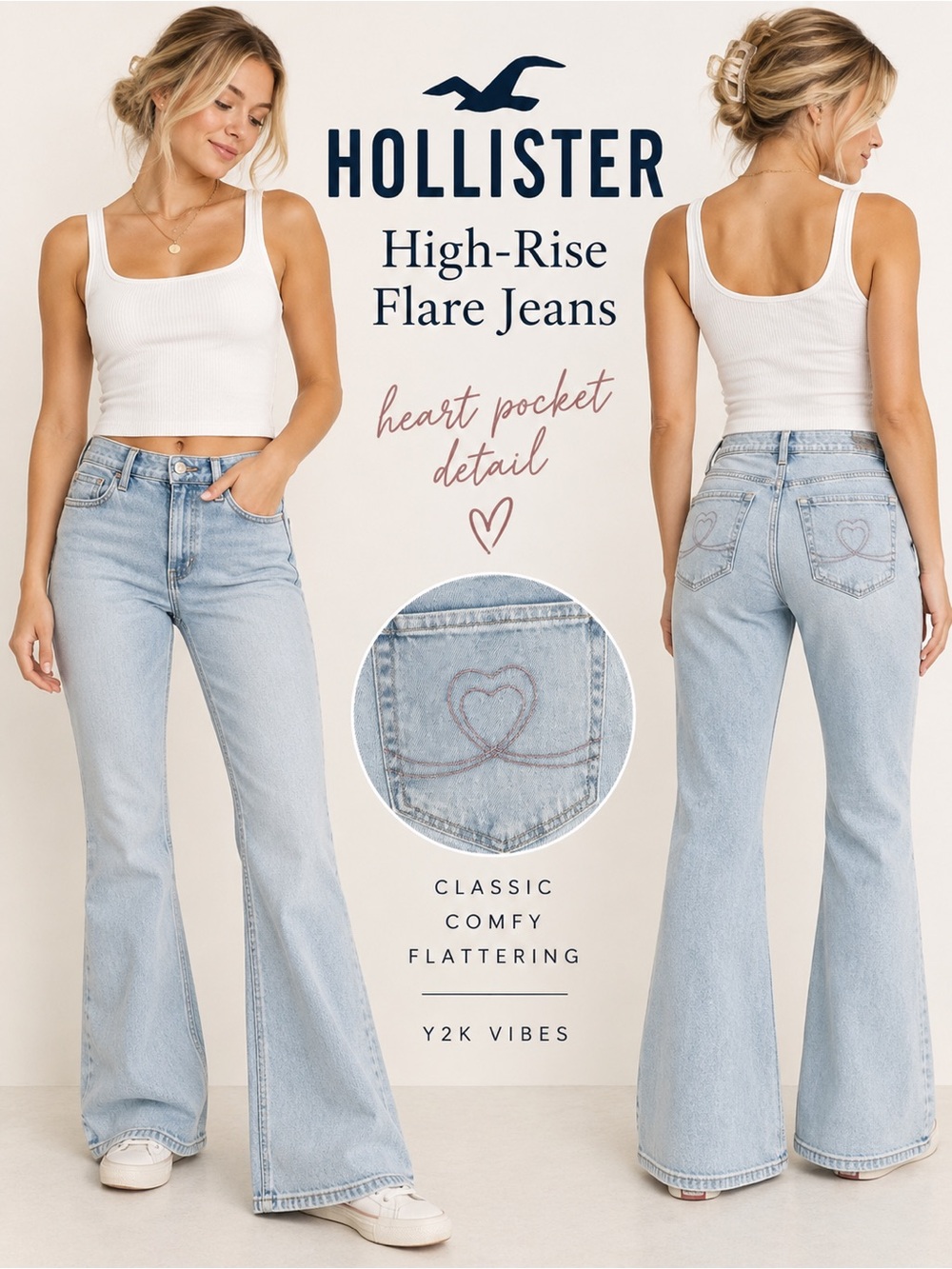 Hollister High-Rise Flare Jeans Women’s 29 Regular Light Wash Heart Pockets